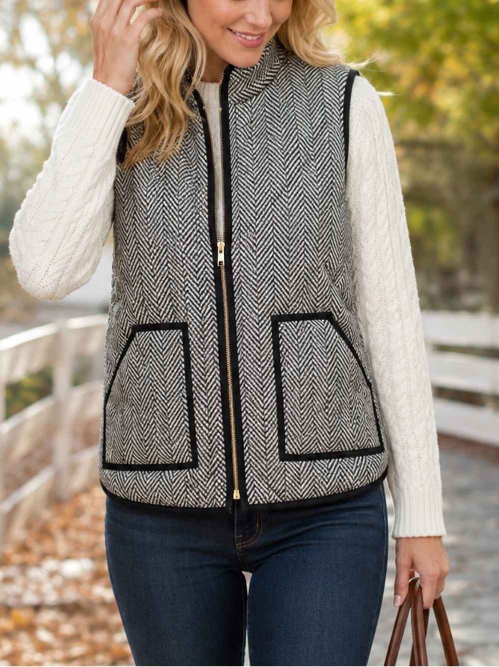 J.Crew Black & Ivory Herringbone Quilted Puffer Vest Women’s Large